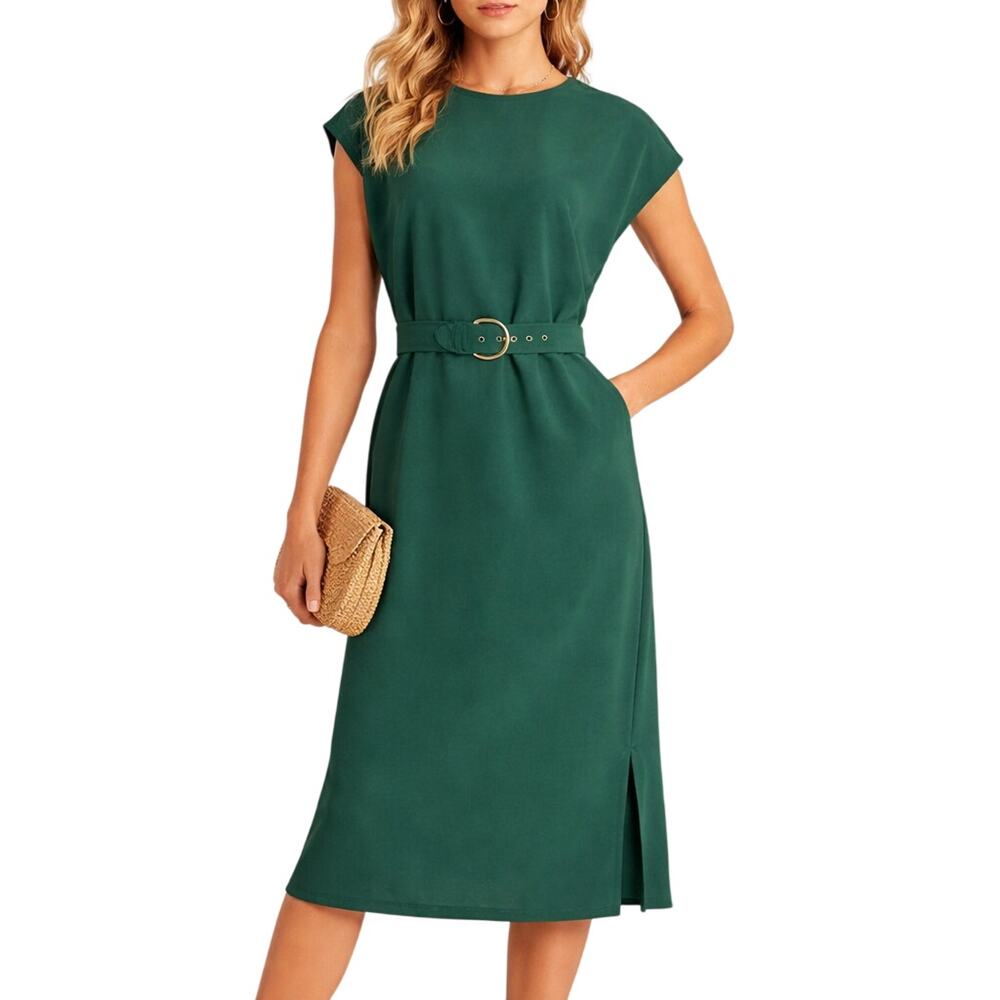 Vintage 1970s Women's 16 Hunter Green Midi Dress Gold Belt Vent Back CB